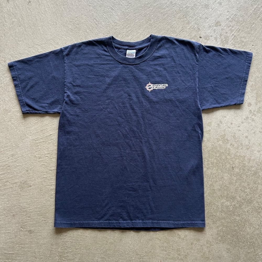 Vintage Adventures In Missions Shirt Size Large Navy Blue Follow God Jesus